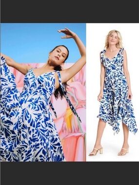 Alexis Blue and White Floral Asymmetrical Tie-Shoulder Dress